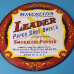 Vintage Winchester Sign – Leader Ammo Porcelain Firearms Shot Gun Gas Pump Sign